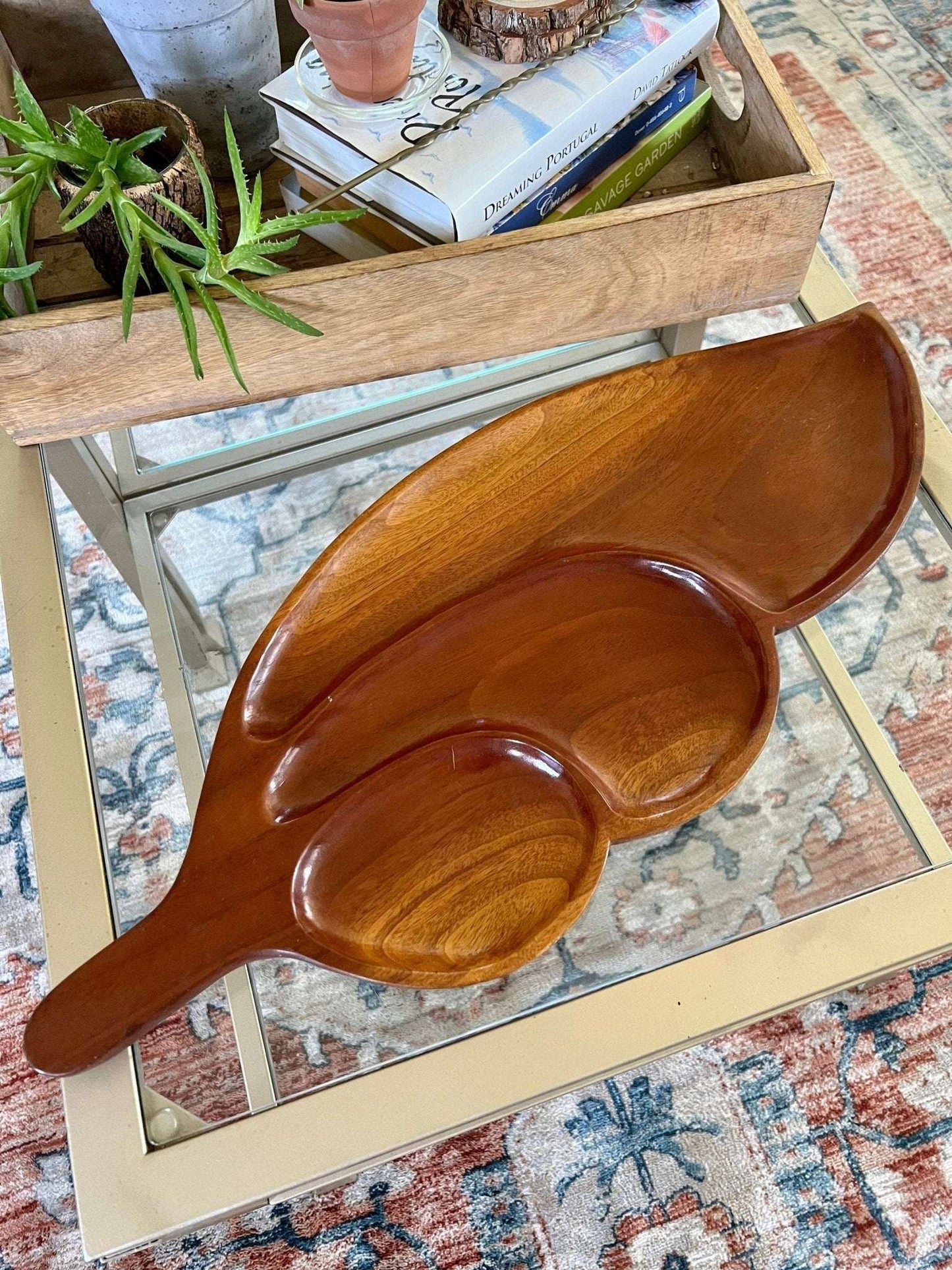 Vintage Leaf Wood Serving Tray, Divided Wooden Dish Bowl 22" Mid Century - Loom Vintage