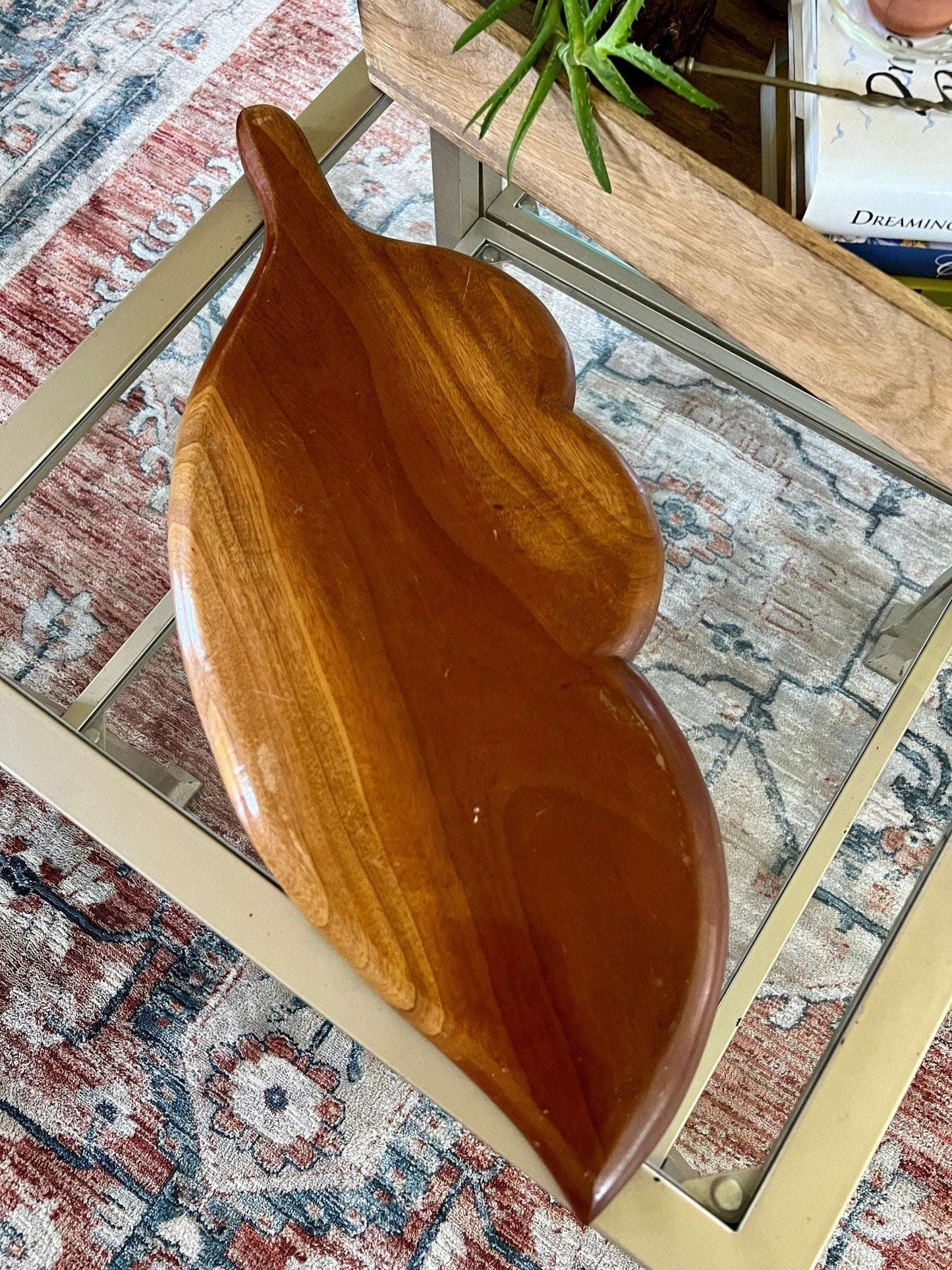 Vintage Leaf Wood Serving Tray, Divided Wooden Dish Bowl 22" Mid Century - Loom Vintage
