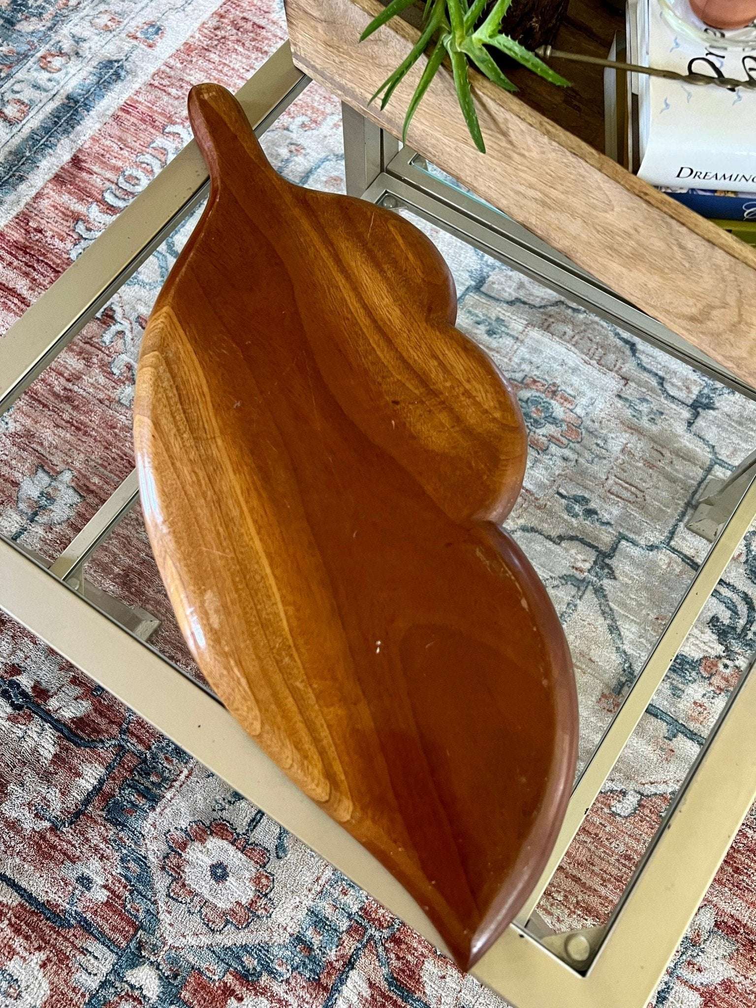 Vintage Leaf Wood Serving Tray, Divided Wooden Dish Bowl 22" Mid Century - Loom Vintage