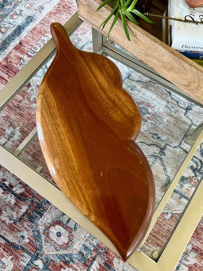Vintage Leaf Wood Serving Tray, Divided Wooden Dish Bowl 22" Mid Century - Loom Vintage