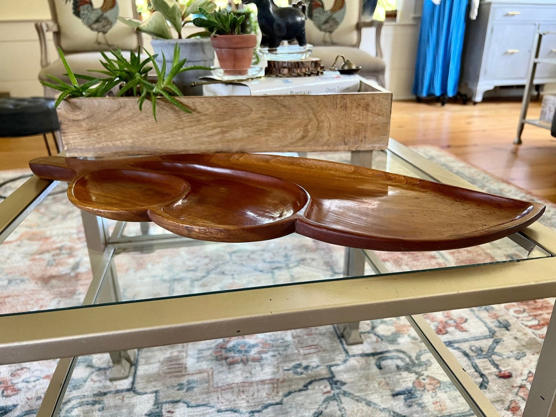 Vintage Leaf Wood Serving Tray, Divided Wooden Dish Bowl 22" Mid Century - Loom Vintage