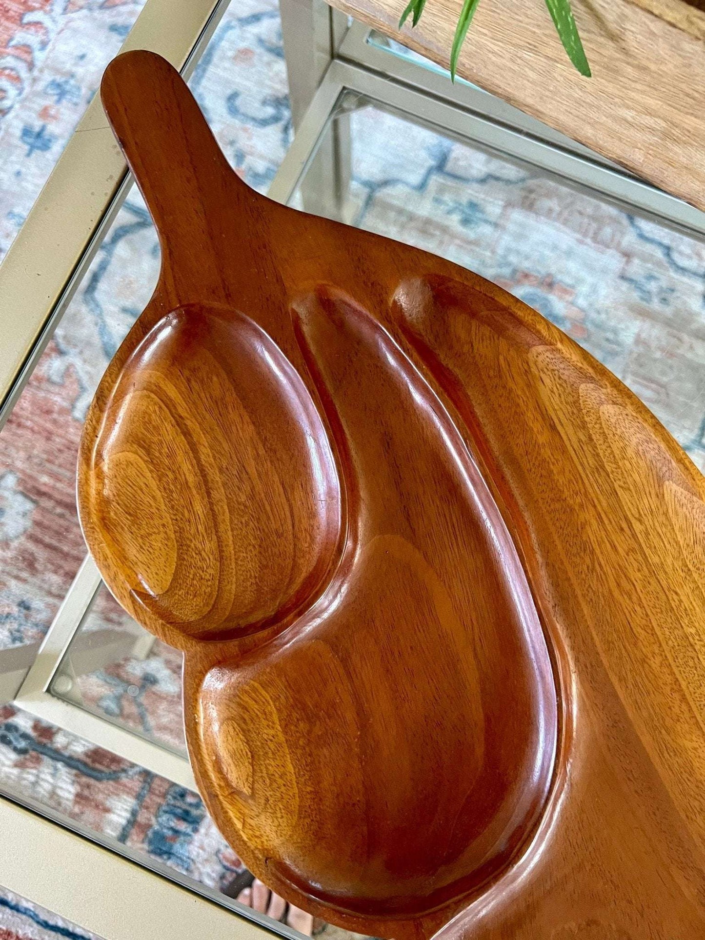 Vintage Leaf Wood Serving Tray, Divided Wooden Dish Bowl 22" Mid Century - Loom Vintage