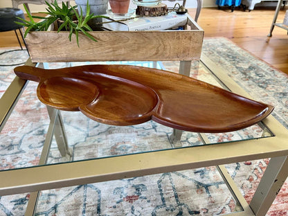 Vintage Leaf Wood Serving Tray, Divided Wooden Dish Bowl 22" Mid Century - Loom Vintage