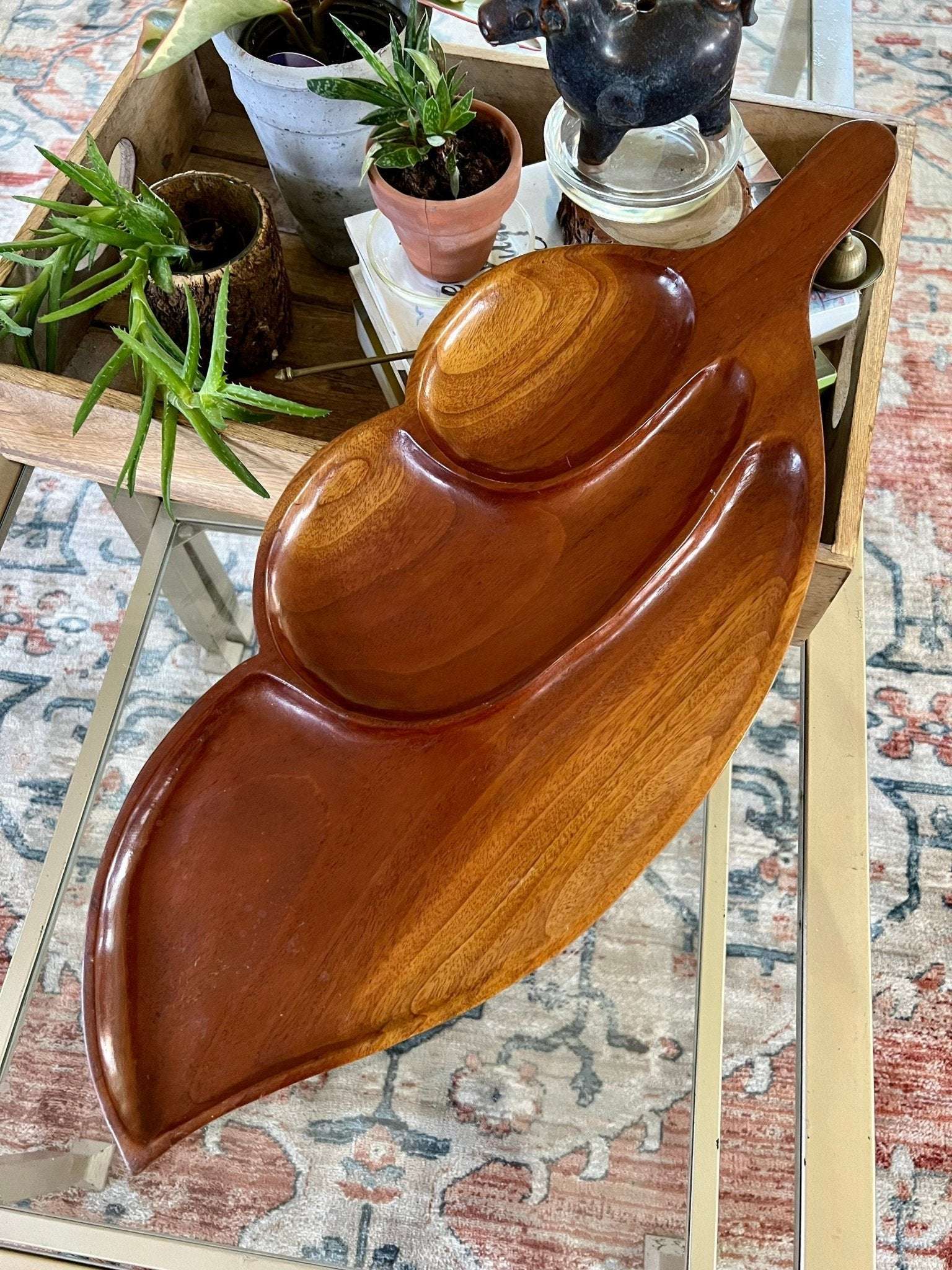 Vintage Leaf Wood Serving Tray, Divided Wooden Dish Bowl 22" Mid Century - Loom Vintage
