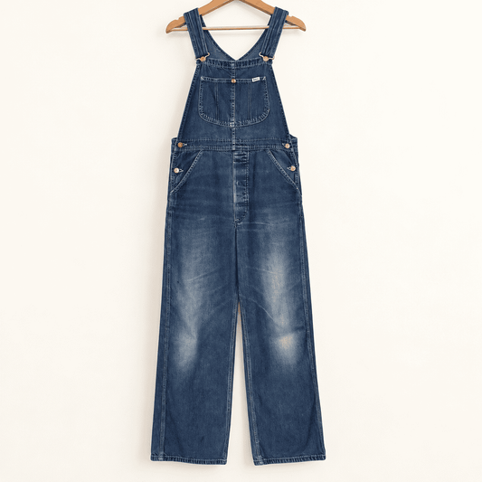 Vintage Lee denim bib overalls, made in USA, full front view on hanger, photo 1 of 10