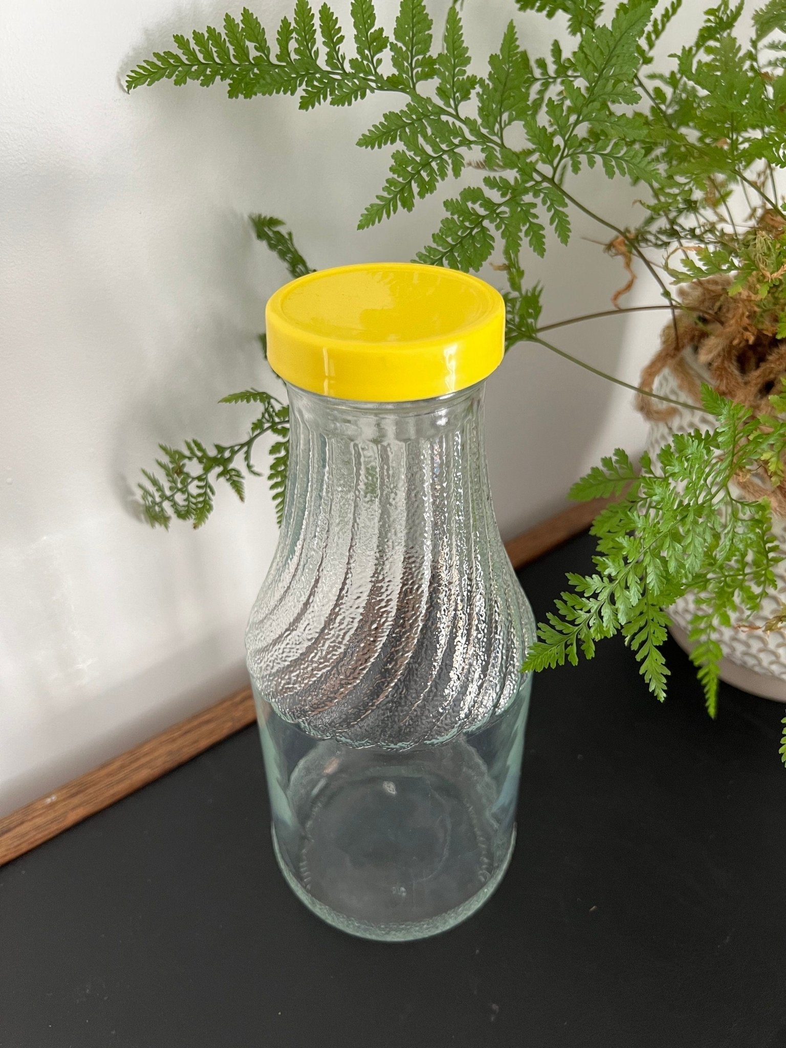 Vintage Lemonade Bottle w/ Yellow Lid, Juice Carafe, Glass Jug Pitcher, Juice Bottle, Glass - Loom Vintage
