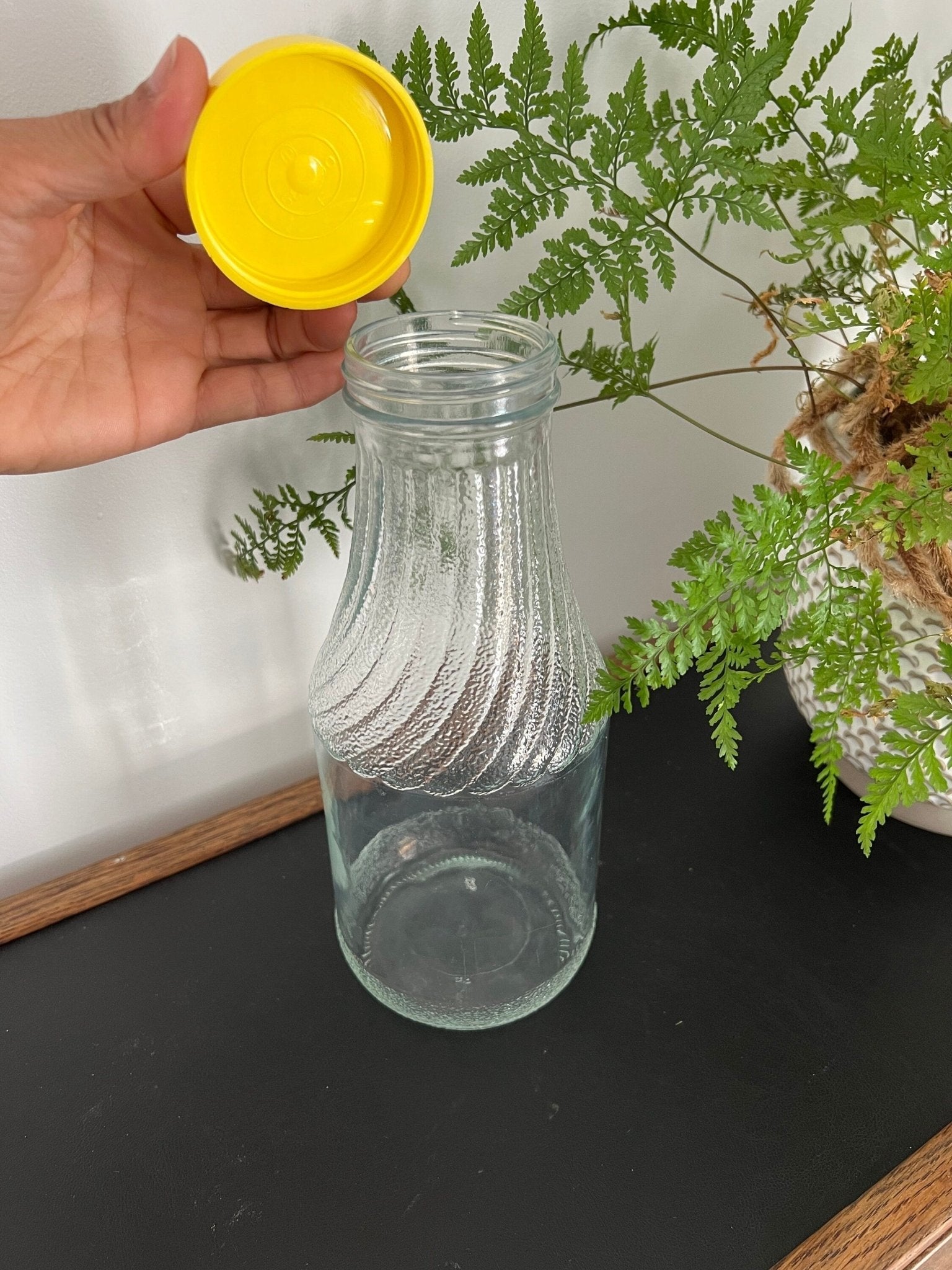 Vintage Lemonade Bottle w/ Yellow Lid, Juice Carafe, Glass Jug Pitcher, Juice Bottle, Glass - Loom Vintage