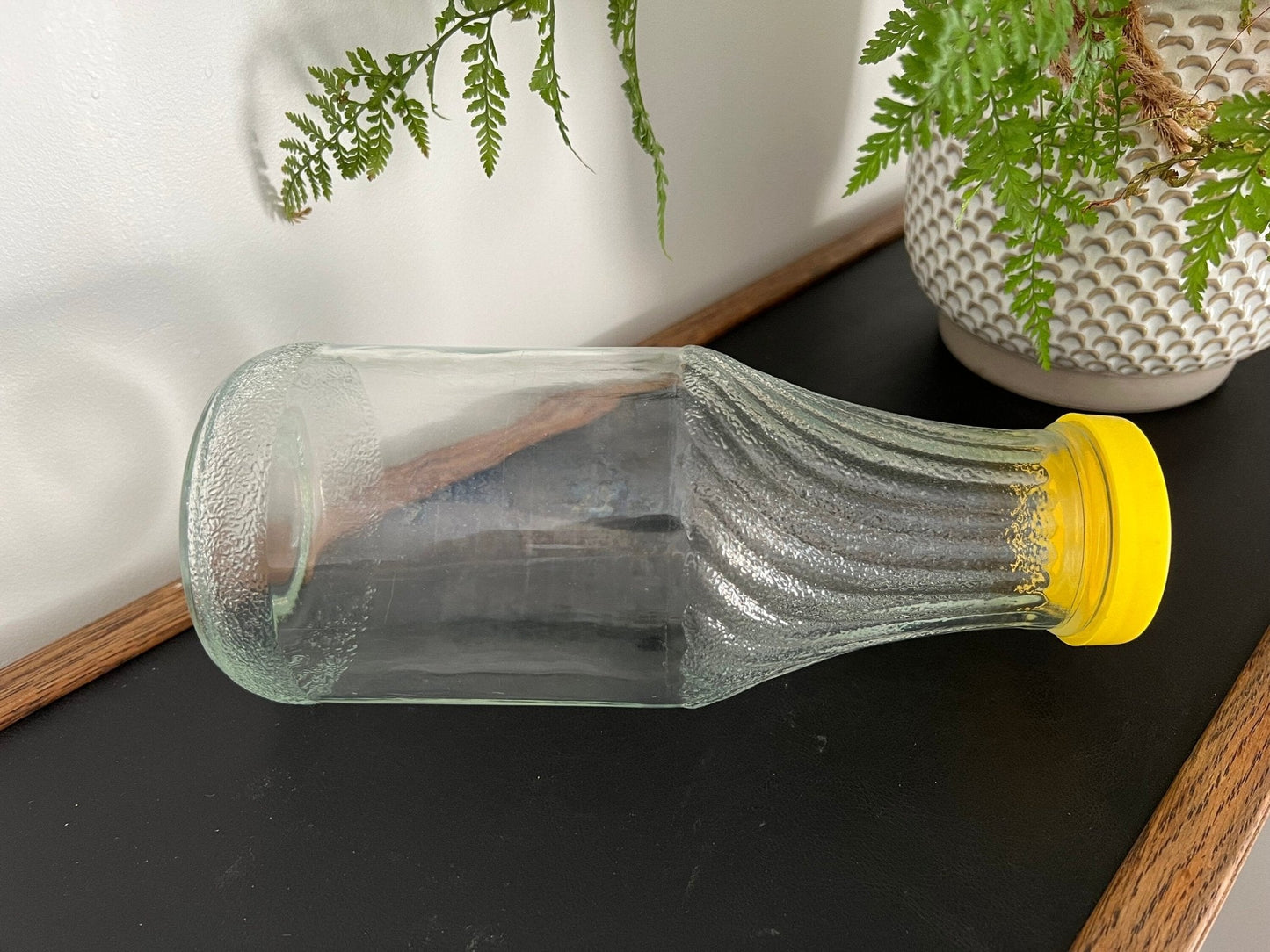 Vintage Lemonade Bottle w/ Yellow Lid, Juice Carafe, Glass Jug Pitcher, Juice Bottle, Glass - Loom Vintage