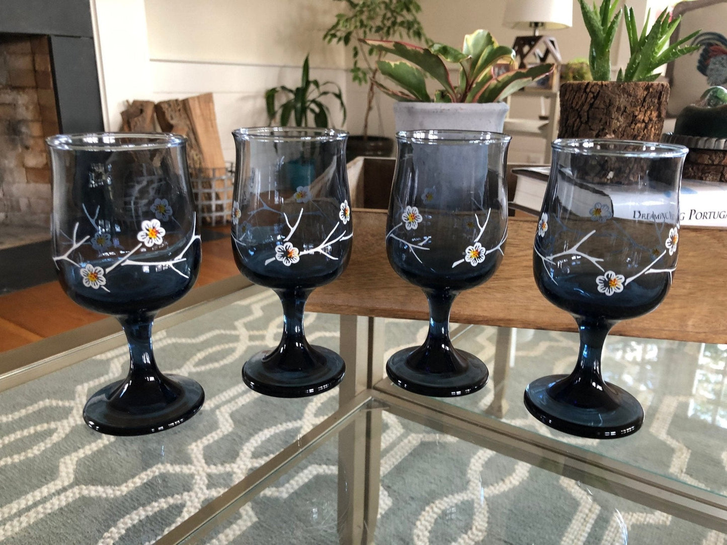 Vintage Libbey Glass Smoky Blue Daisy Dogwood Wine Glass, 8 oz. Goblet Set of 4, Smoke Blue with White Flower Design LRS10 - Loom Vintage