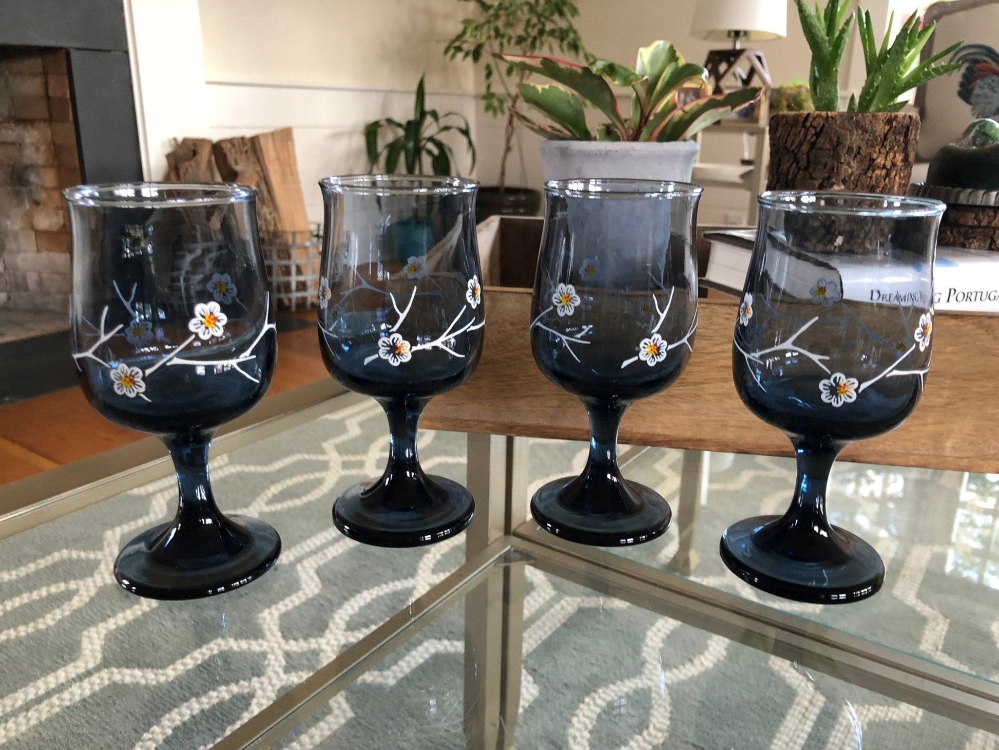 Vintage Libbey Glass Smoky Blue Daisy Dogwood Wine Glass, 8 oz. Goblet Set of 4, Smoke Blue with White Flower Design LRS10 - Loom Vintage