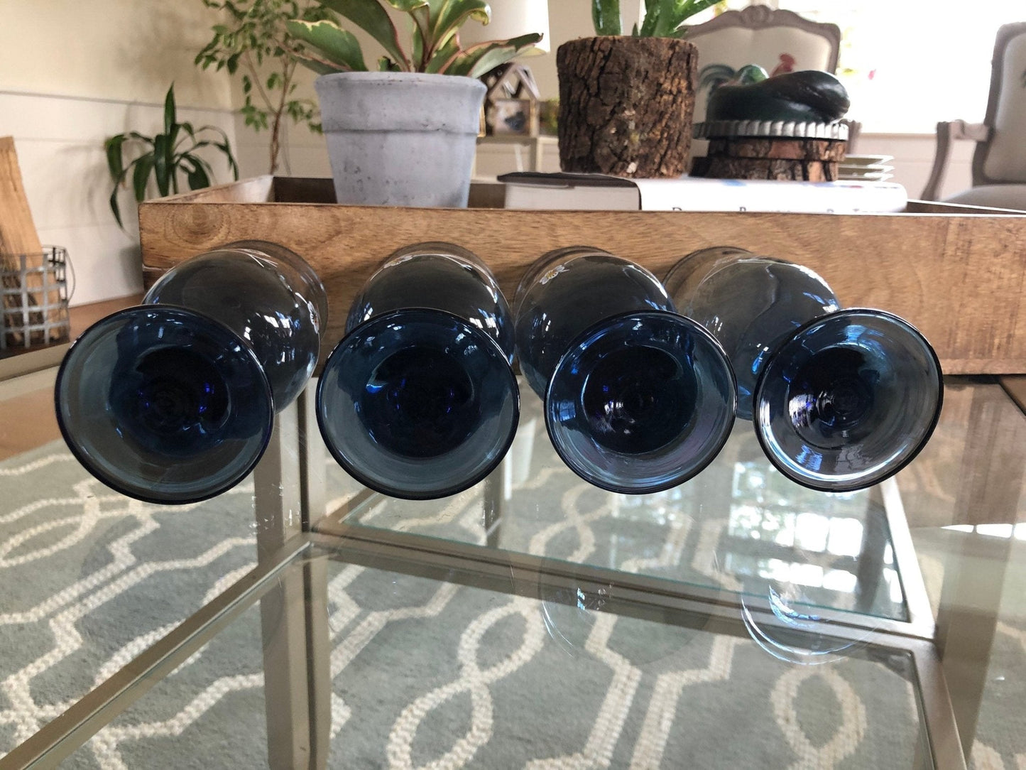 Vintage Libbey Glass Smoky Blue Daisy Dogwood Wine Glass, 8 oz. Goblet Set of 4, Smoke Blue with White Flower Design LRS10 - Loom Vintage