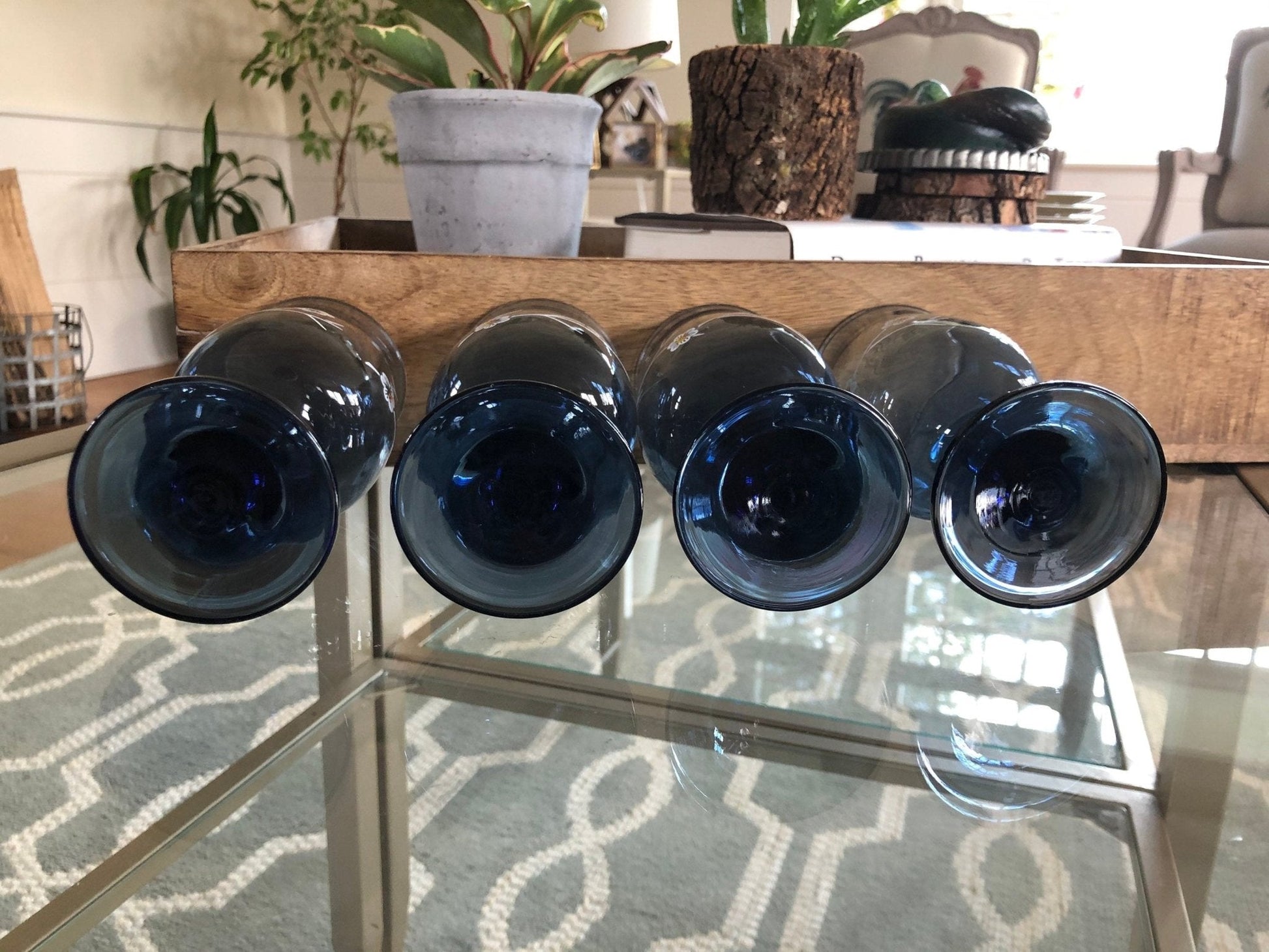 Vintage Libbey Glass Smoky Blue Daisy Dogwood Wine Glass, 8 oz. Goblet Set of 4, Smoke Blue with White Flower Design LRS10 - Loom Vintage