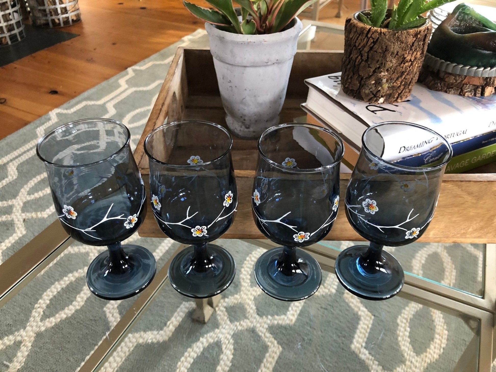 Vintage Libbey Glass Smoky Blue Daisy Dogwood Wine Glass, 8 oz. Goblet Set of 4, Smoke Blue with White Flower Design LRS10 - Loom Vintage