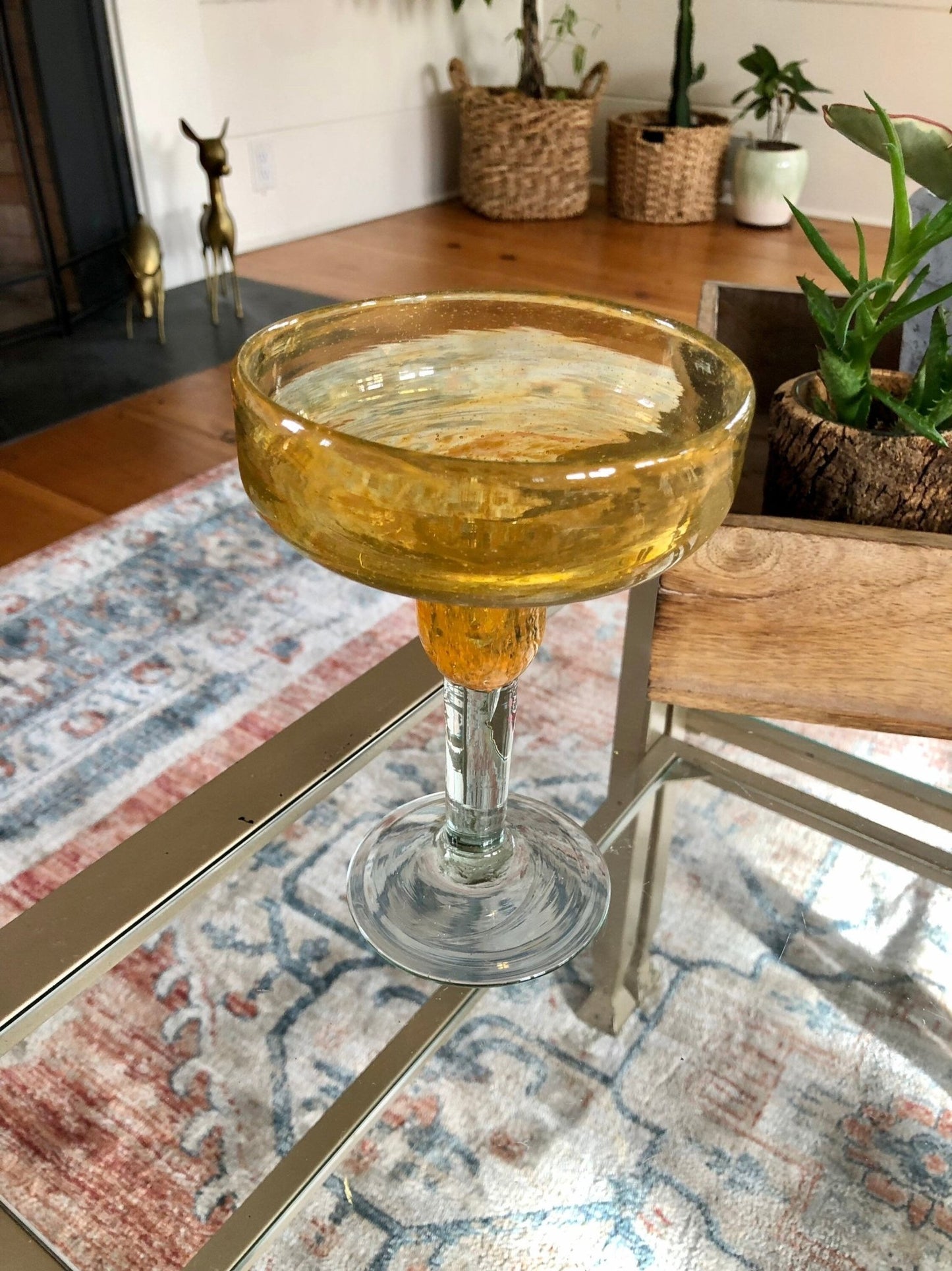 Vintage Mexican Hand Blown Yellow Margarita Glass, Hand Crafted Glass, Drink, Barware, Bubble Glass - Loom Vintage