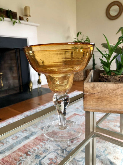 Vintage Mexican Hand Blown Yellow Margarita Glass, Hand Crafted Glass, Drink, Barware, Bubble Glass - Loom Vintage