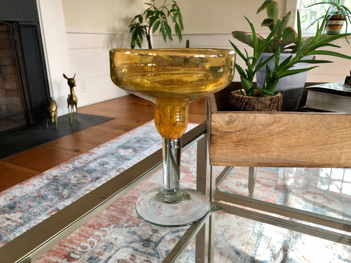 Vintage Mexican Hand Blown Yellow Margarita Glass, Hand Crafted Glass, Drink, Barware, Bubble Glass - Loom Vintage