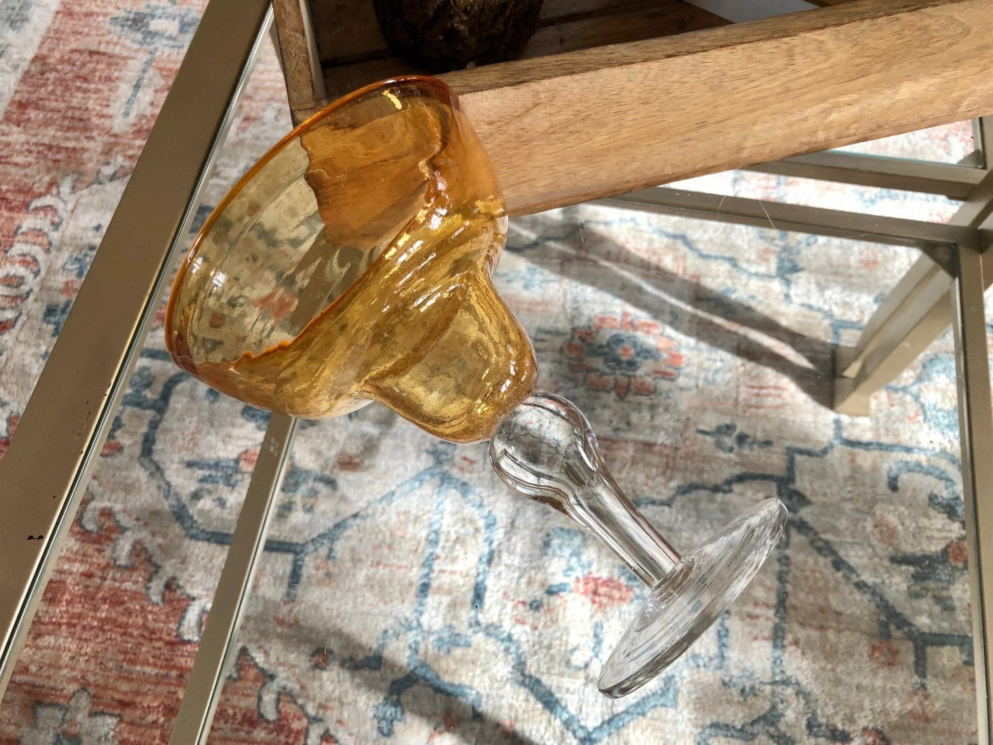 Vintage Mexican Hand Blown Yellow Margarita Glass, Hand Crafted Glass, Drink, Barware, Bubble Glass - Loom Vintage