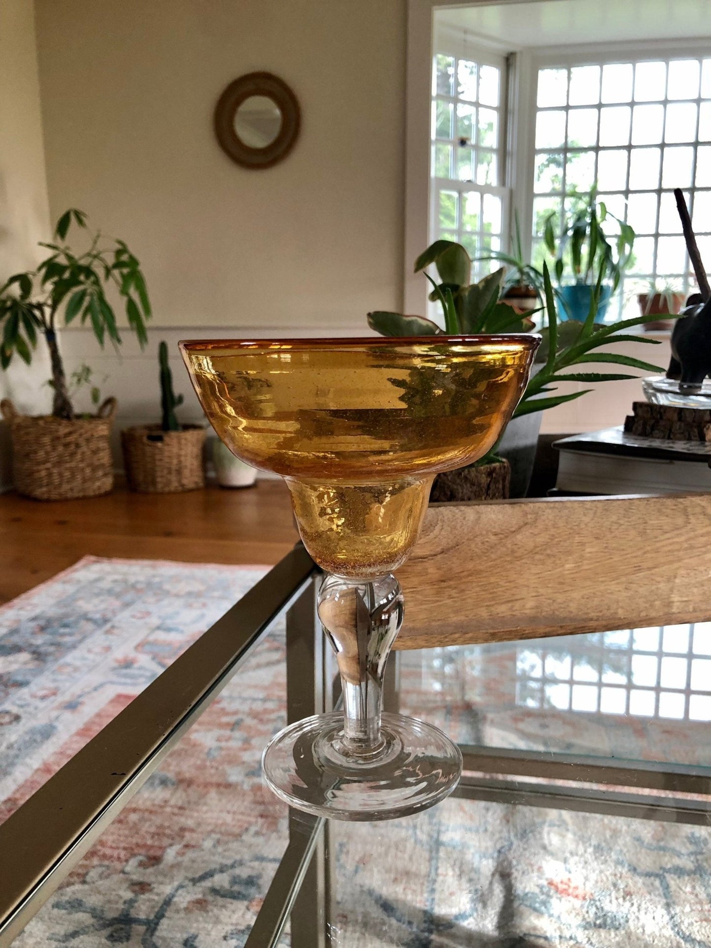 Vintage Mexican Hand Blown Yellow Margarita Glass, Hand Crafted Glass, Drink, Barware, Bubble Glass - Loom Vintage