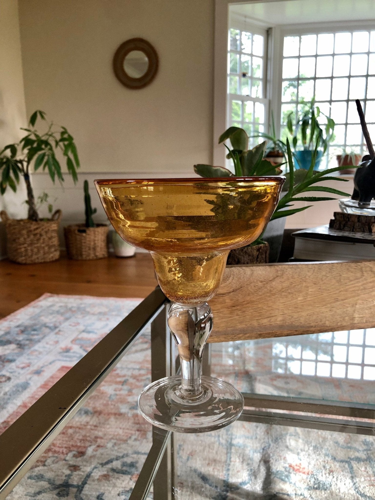 Vintage Mexican Hand Blown Yellow Margarita Glass, Hand Crafted Glass, Drink, Barware, Bubble Glass - Loom Vintage