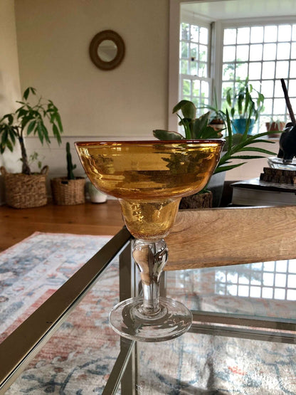 Vintage Mexican Hand Blown Yellow Margarita Glass, Hand Crafted Glass, Drink, Barware, Bubble Glass - Loom Vintage