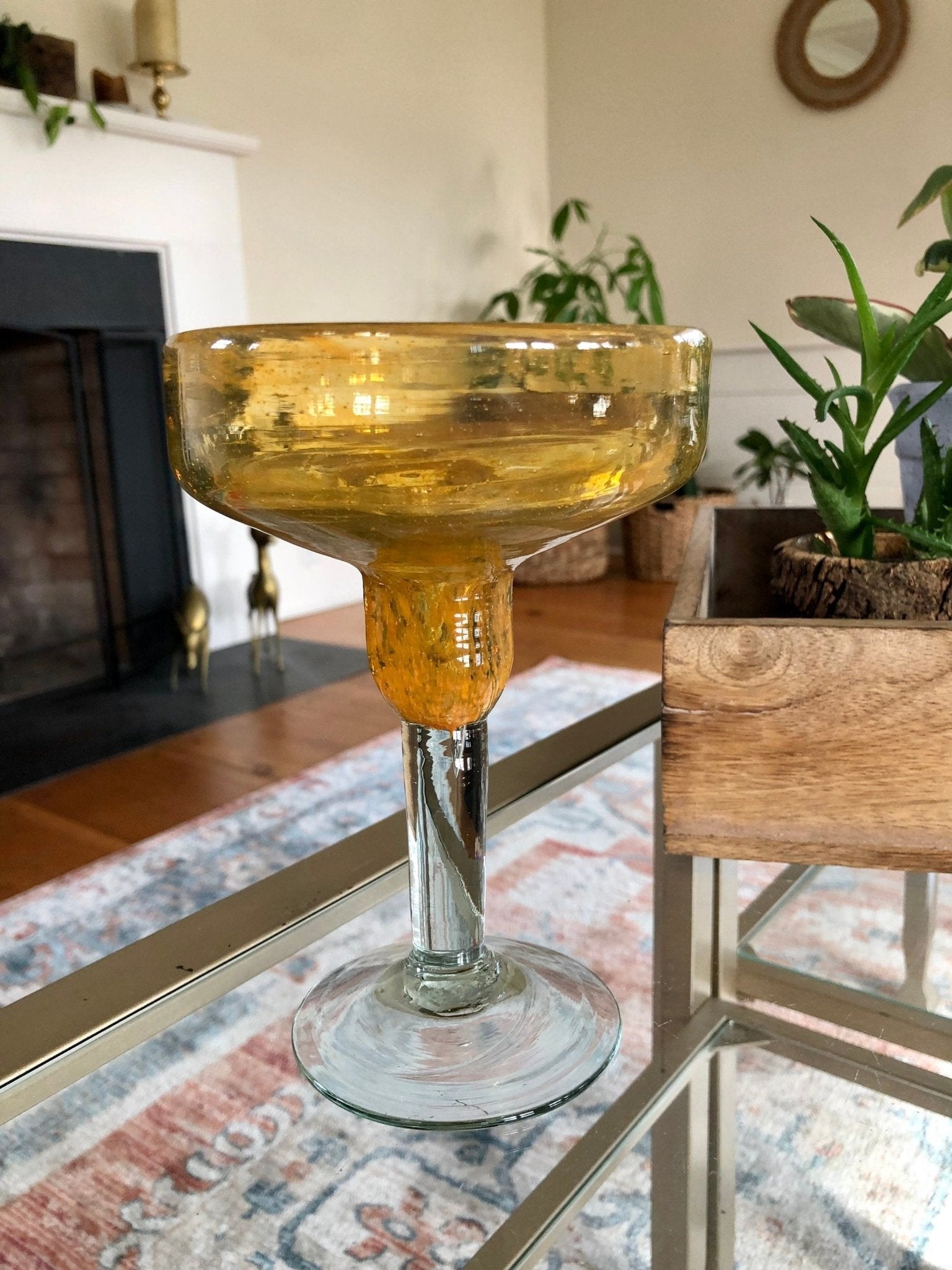 Vintage Mexican Hand Blown Yellow Margarita Glass, Hand Crafted Glass, Drink, Barware, Bubble Glass - Loom Vintage
