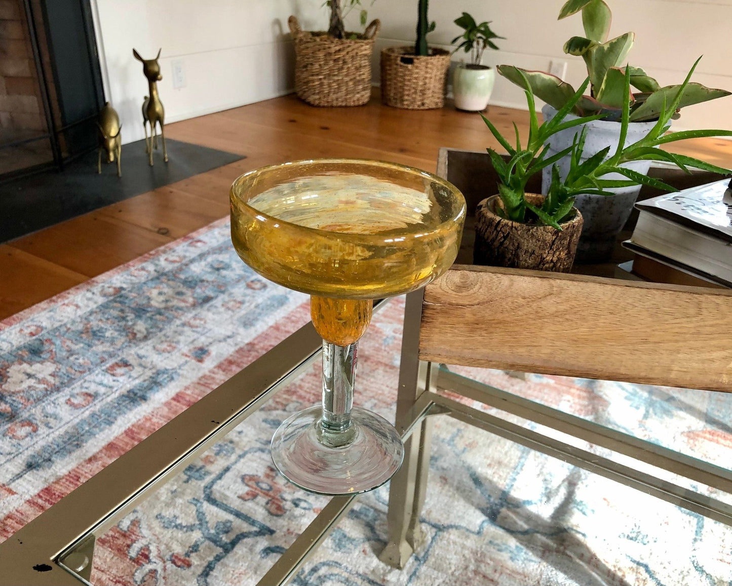 Vintage Mexican Hand Blown Yellow Margarita Glass, Hand Crafted Glass, Drink, Barware, Bubble Glass - Loom Vintage