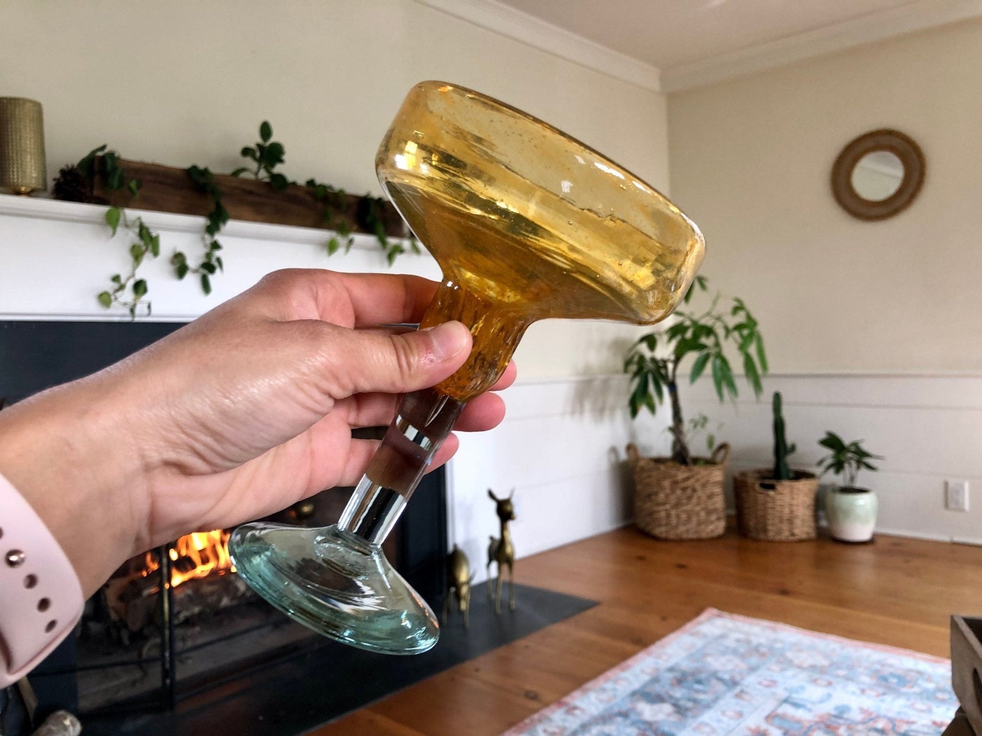 Vintage Mexican Hand Blown Yellow Margarita Glass, Hand Crafted Glass, Drink, Barware, Bubble Glass - Loom Vintage