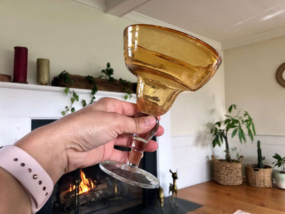 Vintage Mexican Hand Blown Yellow Margarita Glass, Hand Crafted Glass, Drink, Barware, Bubble Glass - Loom Vintage