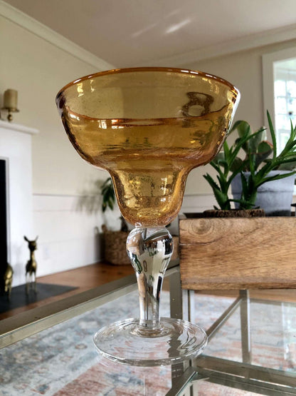Vintage Mexican Hand Blown Yellow Margarita Glass, Hand Crafted Glass, Drink, Barware, Bubble Glass - Loom Vintage
