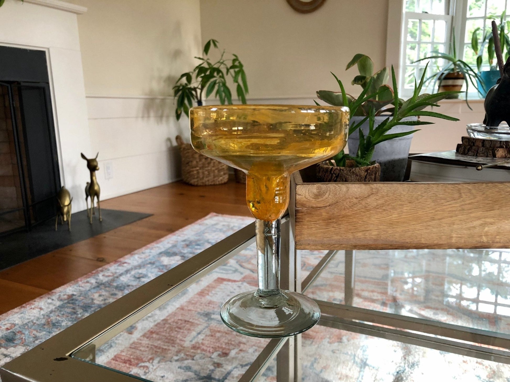 Vintage Mexican Hand Blown Yellow Margarita Glass, Hand Crafted Glass, Drink, Barware, Bubble Glass - Loom Vintage