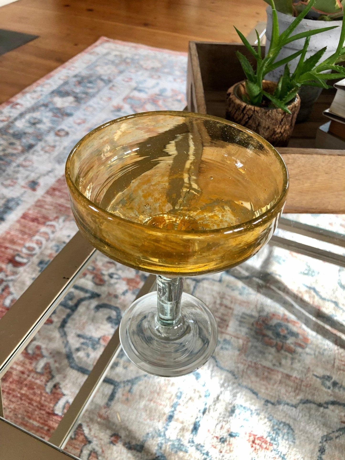 Vintage Mexican Hand Blown Yellow Margarita Glass, Hand Crafted Glass, Drink, Barware, Bubble Glass - Loom Vintage