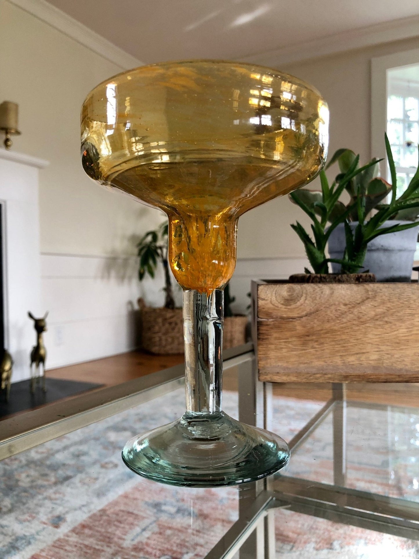 Vintage Mexican Hand Blown Yellow Margarita Glass, Hand Crafted Glass, Drink, Barware, Bubble Glass - Loom Vintage