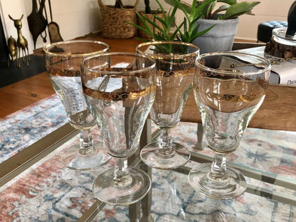 Vintage mid-century gold band wine glasses with white geometric pattern, set of 4, photo 1 of 10