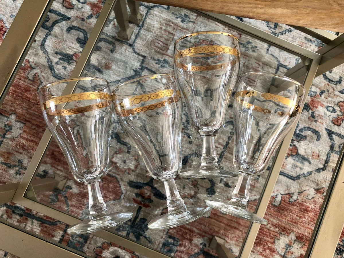 Vintage mid-century gold band wine glasses with white geometric pattern, set of 4, photo 6 of 10