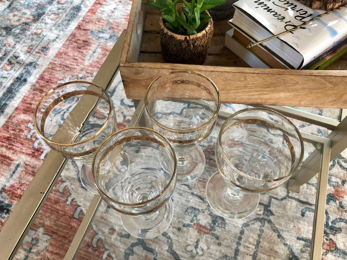 Vintage mid-century gold band wine glasses with white geometric pattern, set of 4, photo 8 of 10