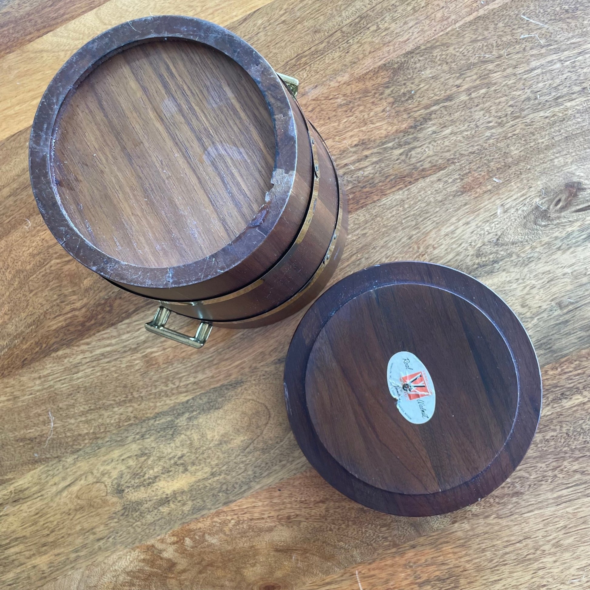 Vintage Mid - Century Walnut Ice Bucket with Brass Bands & Handles - Loom Vintage