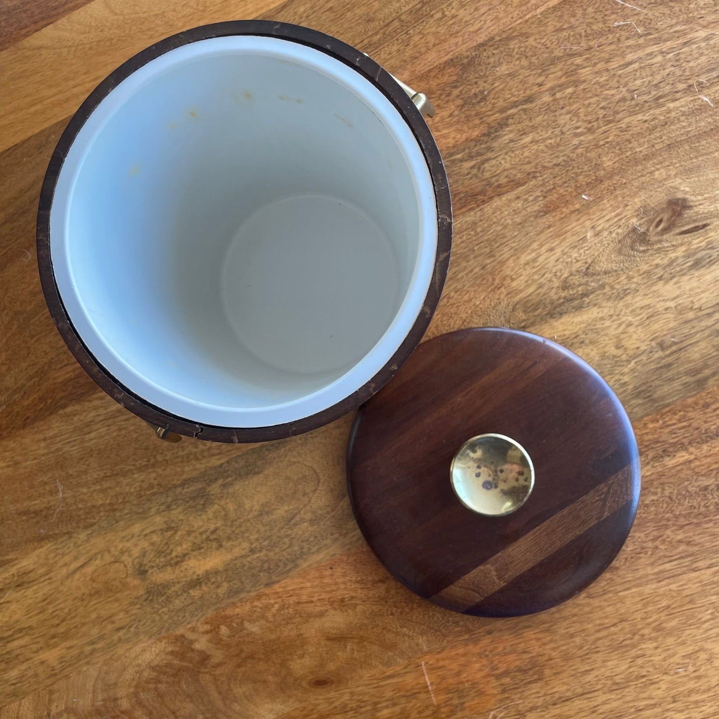 Vintage Mid - Century Walnut Ice Bucket with Brass Bands & Handles - Loom Vintage