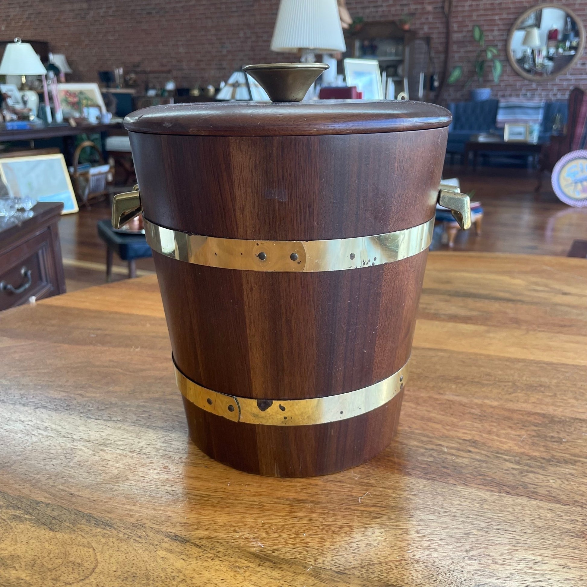 Vintage Mid - Century Walnut Ice Bucket with Brass Bands & Handles - Loom Vintage