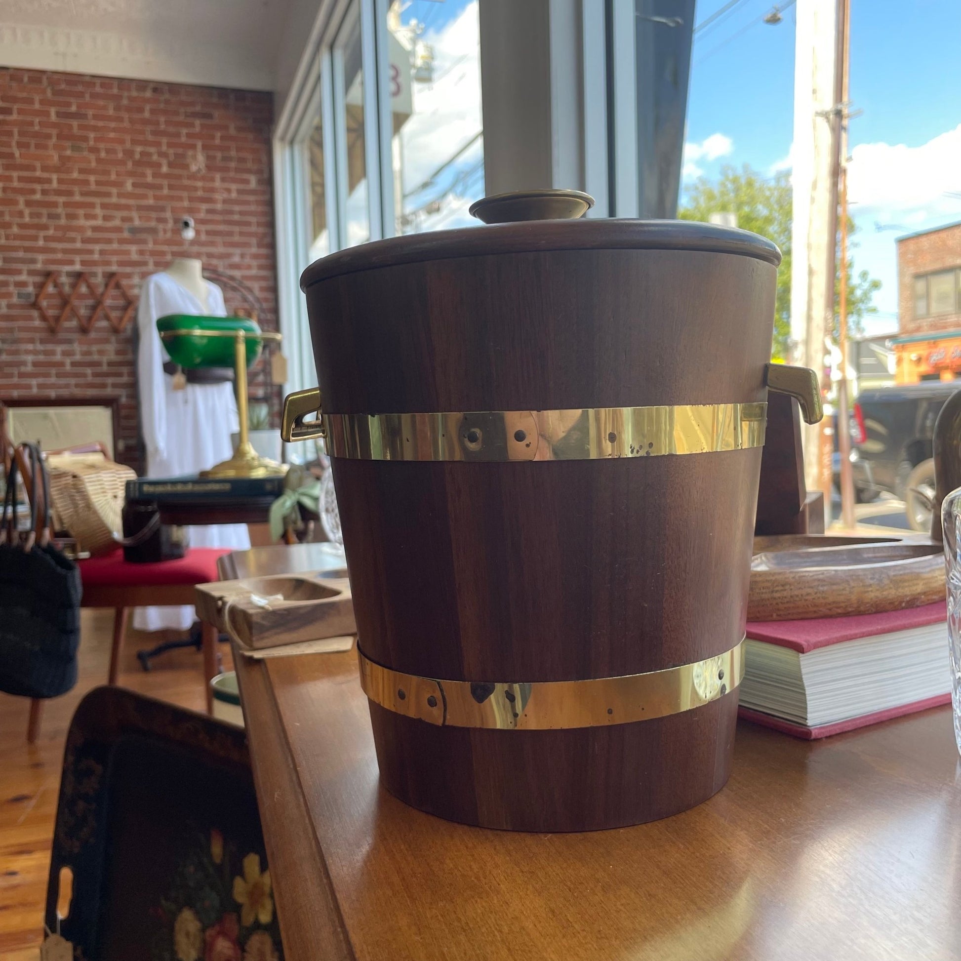 Vintage Mid - Century Walnut Ice Bucket with Brass Bands & Handles - Loom Vintage