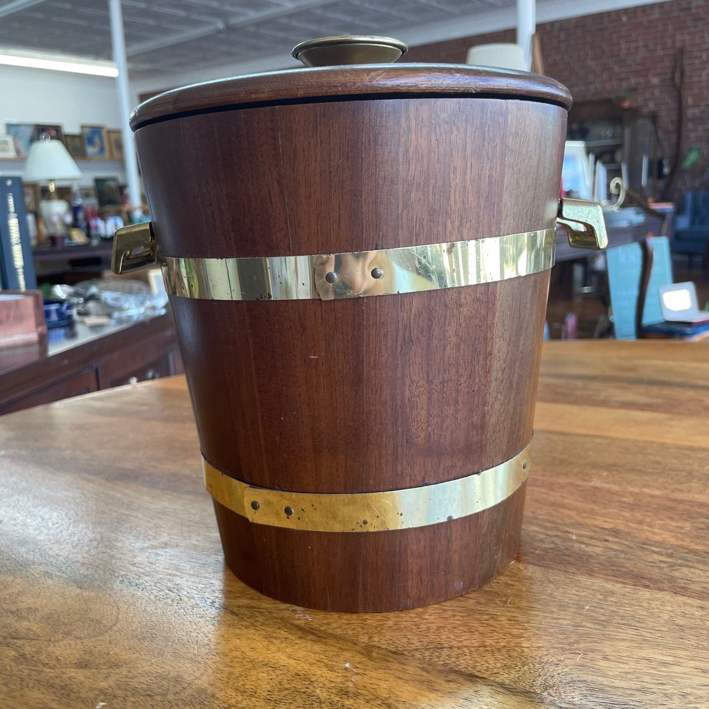 Vintage Mid - Century Walnut Ice Bucket with Brass Bands & Handles - Loom Vintage