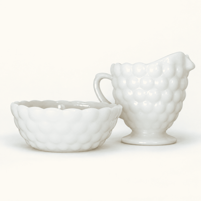 Vintage milk glass cream and sugar set in the Bubble pattern, photo 1 of 5