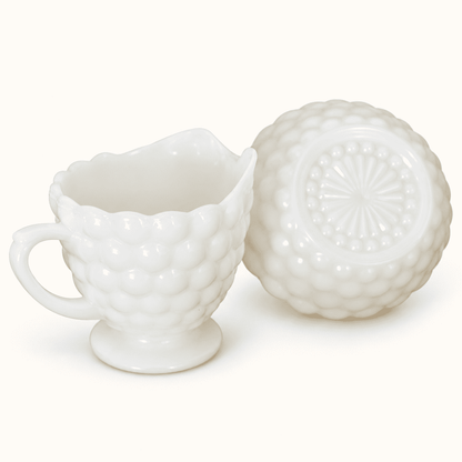 Vintage milk glass cream and sugar set in the Bubble pattern, photo 2 of 5