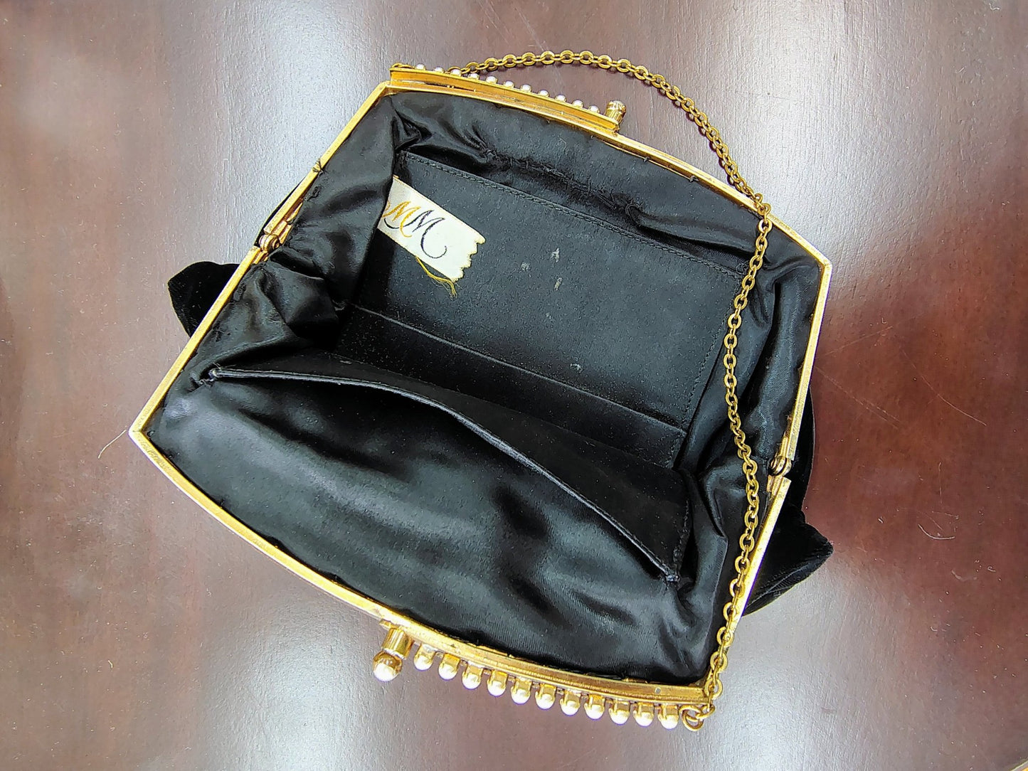 Vintage MM Black Velvet Evening Clutch with Pearl & Gold Frame - Loom Vintage