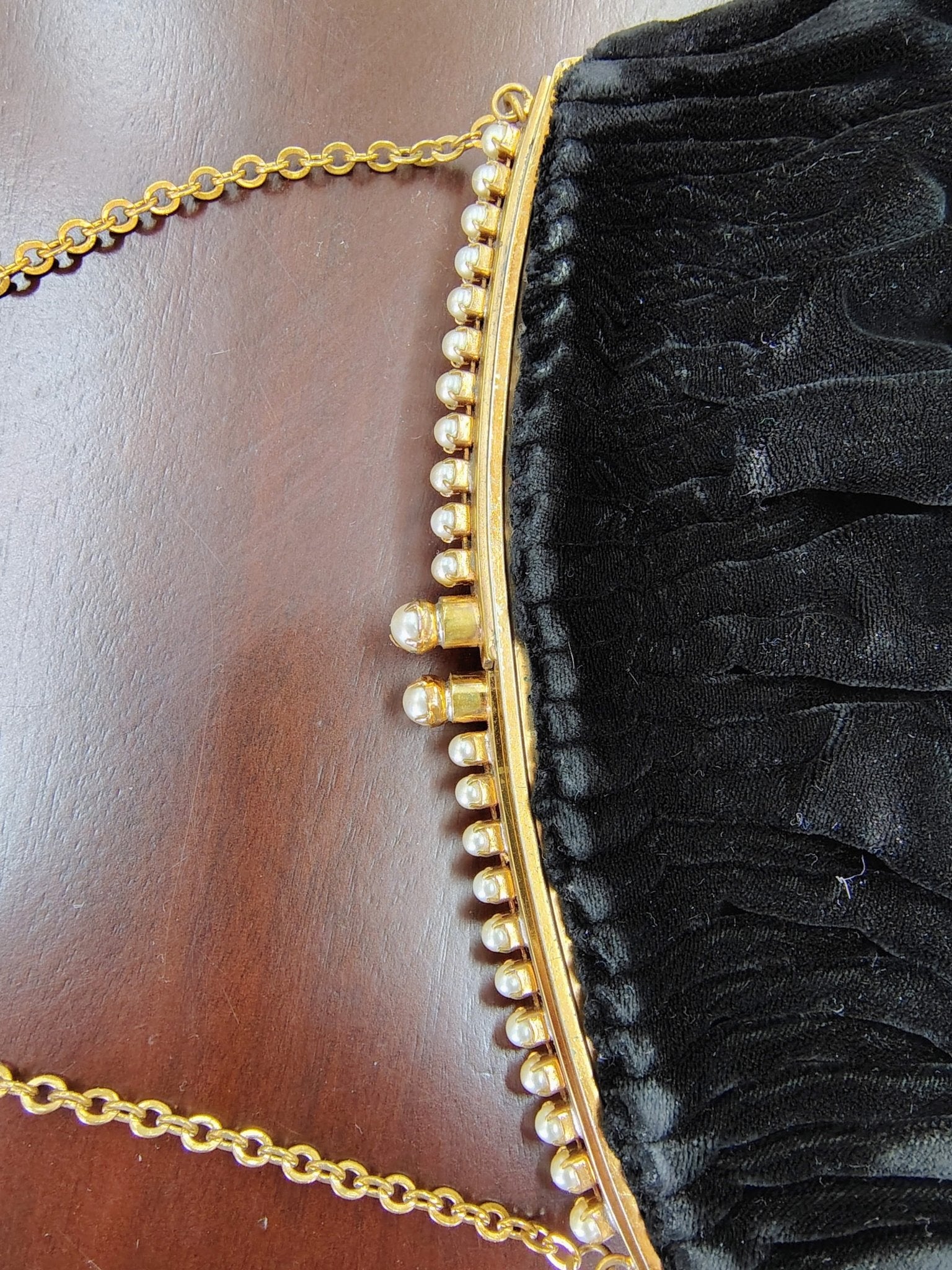 Vintage MM Black Velvet Evening Clutch with Pearl & Gold Frame - Loom Vintage