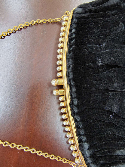 Vintage MM Black Velvet Evening Clutch with Pearl & Gold Frame - Loom Vintage