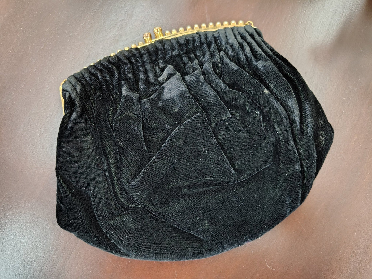 Vintage MM Black Velvet Evening Clutch with Pearl & Gold Frame - Loom Vintage