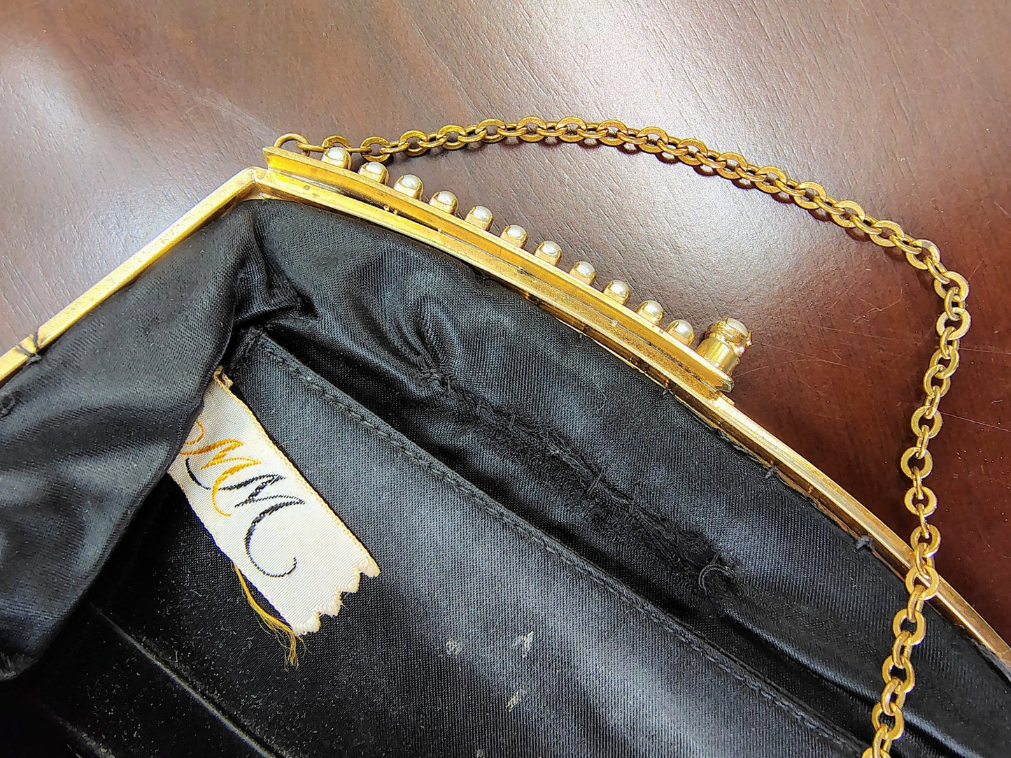 Vintage MM Black Velvet Evening Clutch with Pearl & Gold Frame - Loom Vintage