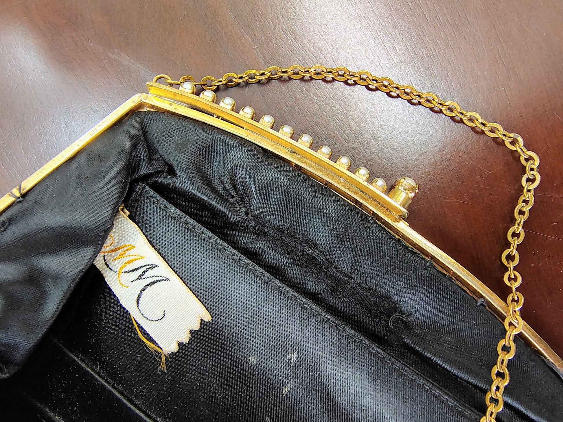 Vintage MM Black Velvet Evening Clutch with Pearl & Gold Frame - Loom Vintage