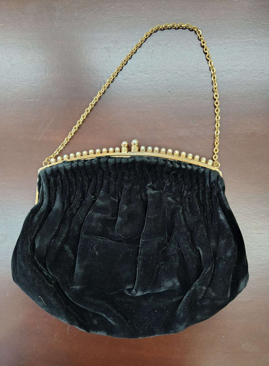 Vintage MM Black Velvet Evening Clutch with Pearl & Gold Frame - Loom Vintage
