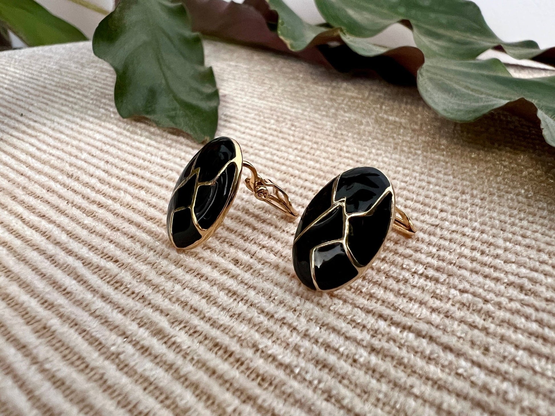 Vintage Mod Black & Gold Geometric Earrings, Clip - on Costume Earrings, Fashion Jewelry - Loom Vintage